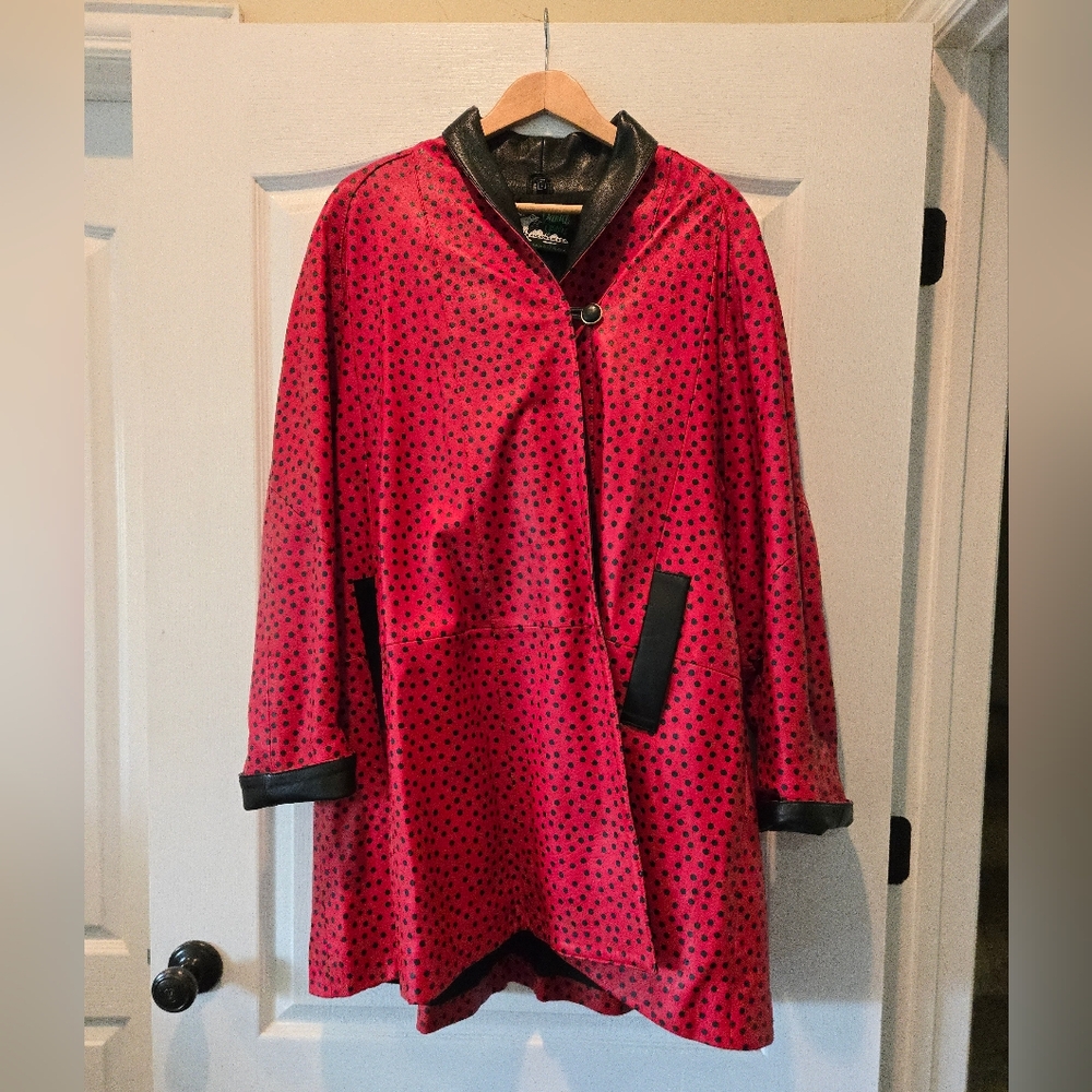 VINTAGE David Green Alaska Leather Red Polka Dot Coat L (Near Perfect Condition)